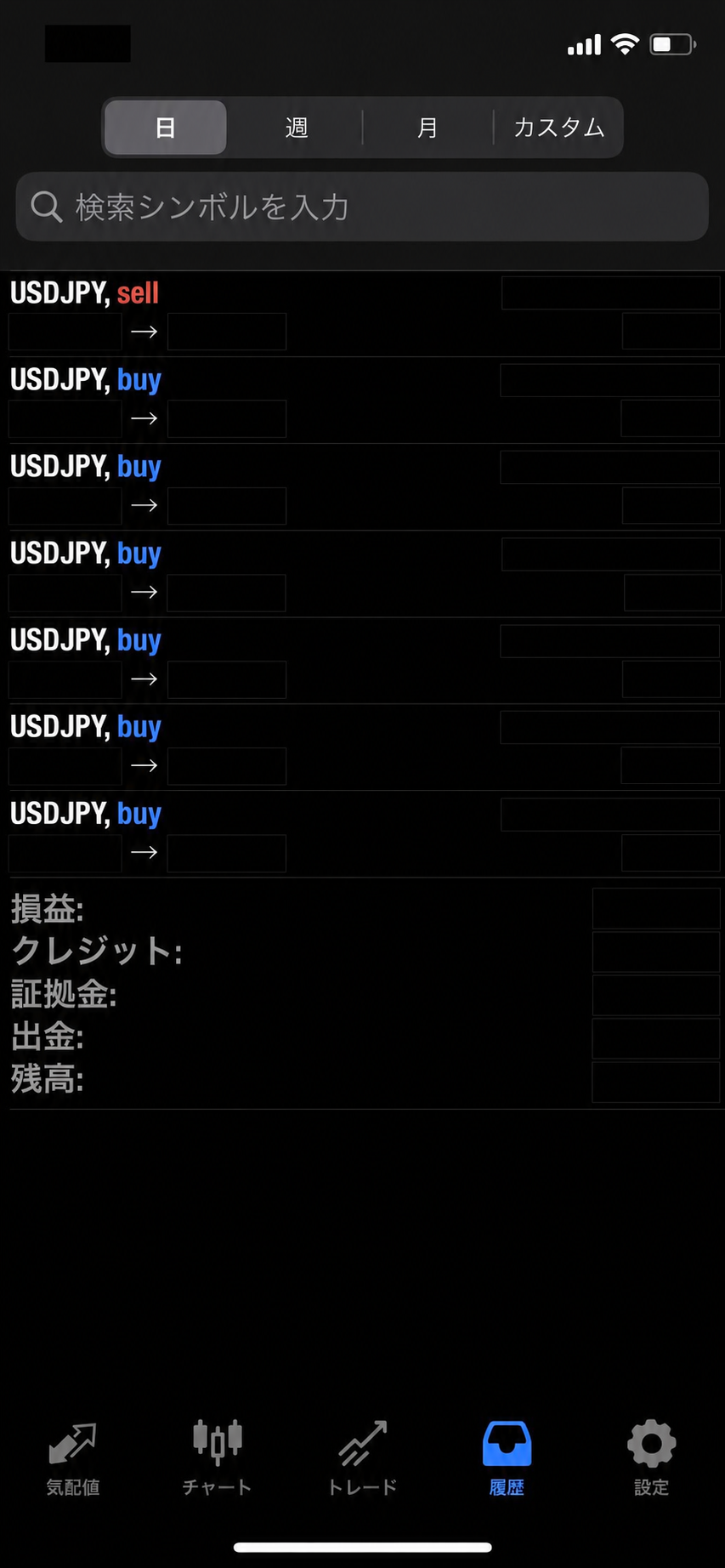 USDJPY自動売買EAの過去取引結果 ＋4,263円（日時・価格等はマスキング済み）
